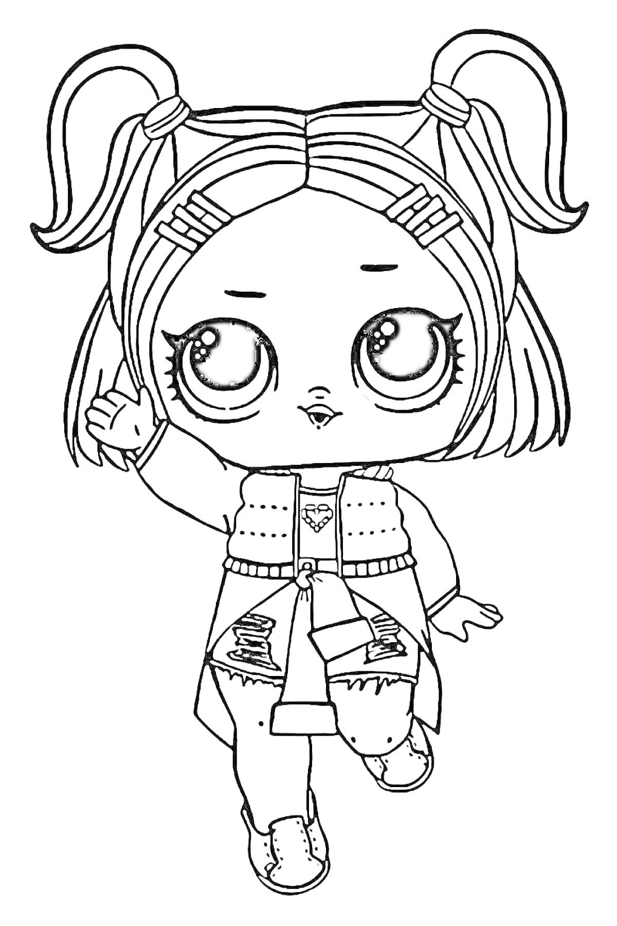 Раскраска Кукла с хвостиками, большие глаза, жилетка и короткие шорты с заплатками