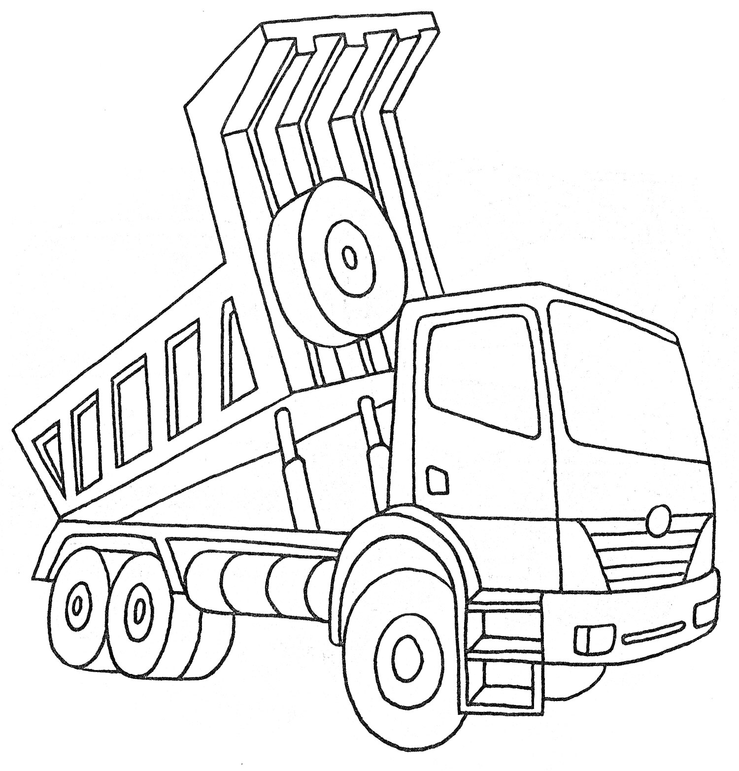 Раскраска Самосвал с поднятым кузовом, грузовик с кабиной, шесть колёс