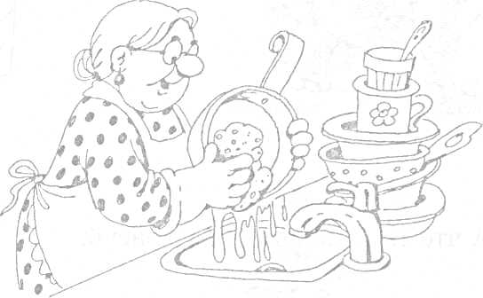 Раскраска Бабушка моет посуду на кухне, рядом раковина с водой и стопка вымытых кастрюль и чашек