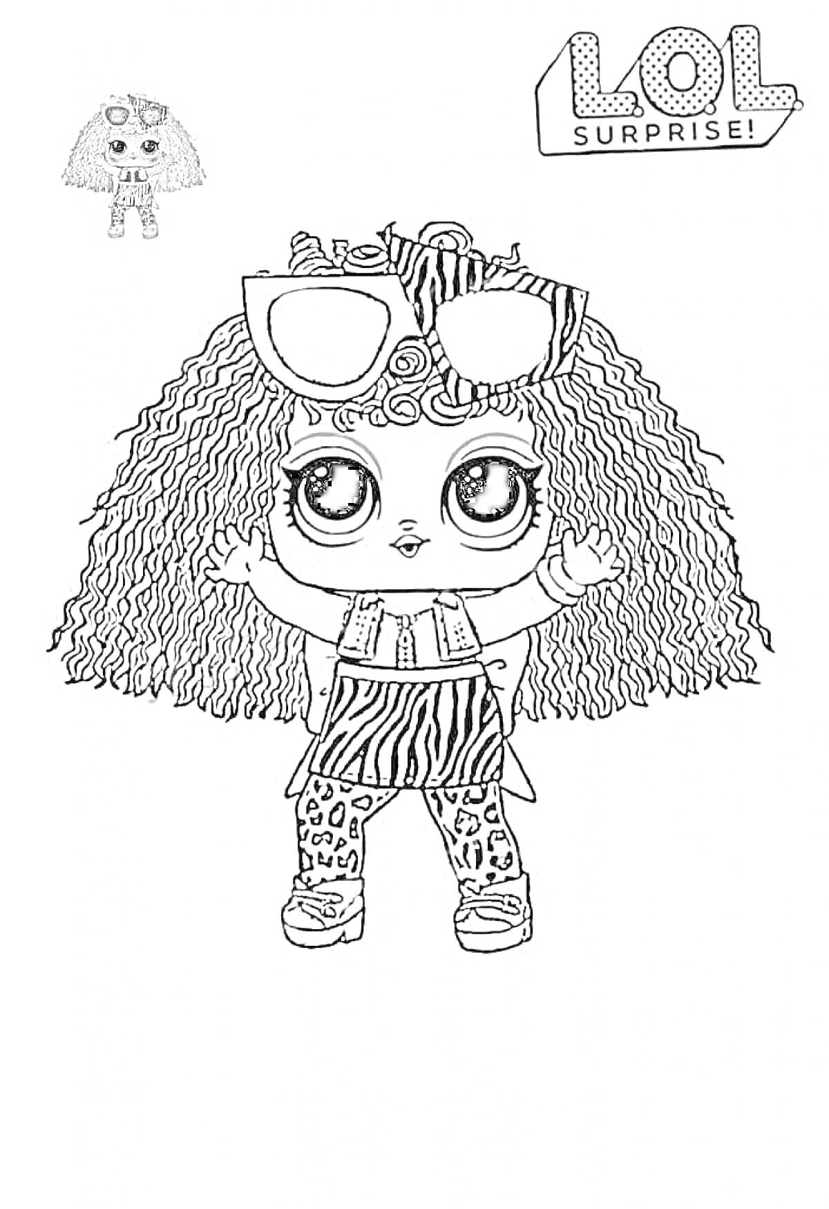 Раскраска Большая кукла ЛОЛ с большими глазами, в очках, с кудрявыми волосами и в модной одежде, логотип 