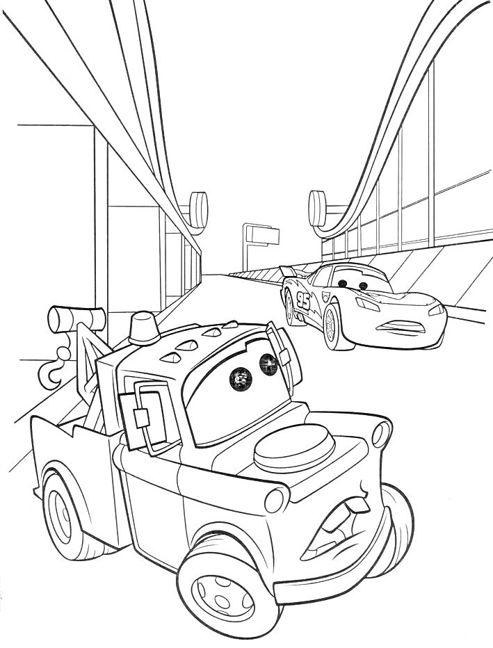 Раскраска Гоночная трасса с эвакуатором и гоночным автомобилем на фоне зданий и дороги