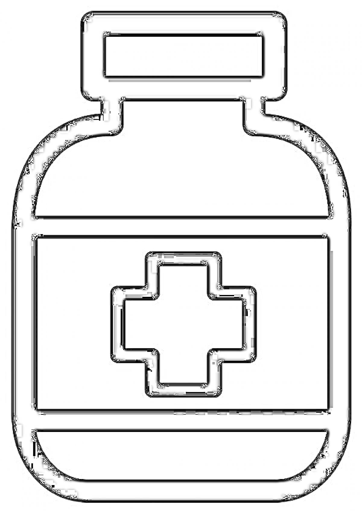 На раскраске изображено: Таблетки, Банка, Крест, Медицина, Аптека, Здоровье, Лекарство