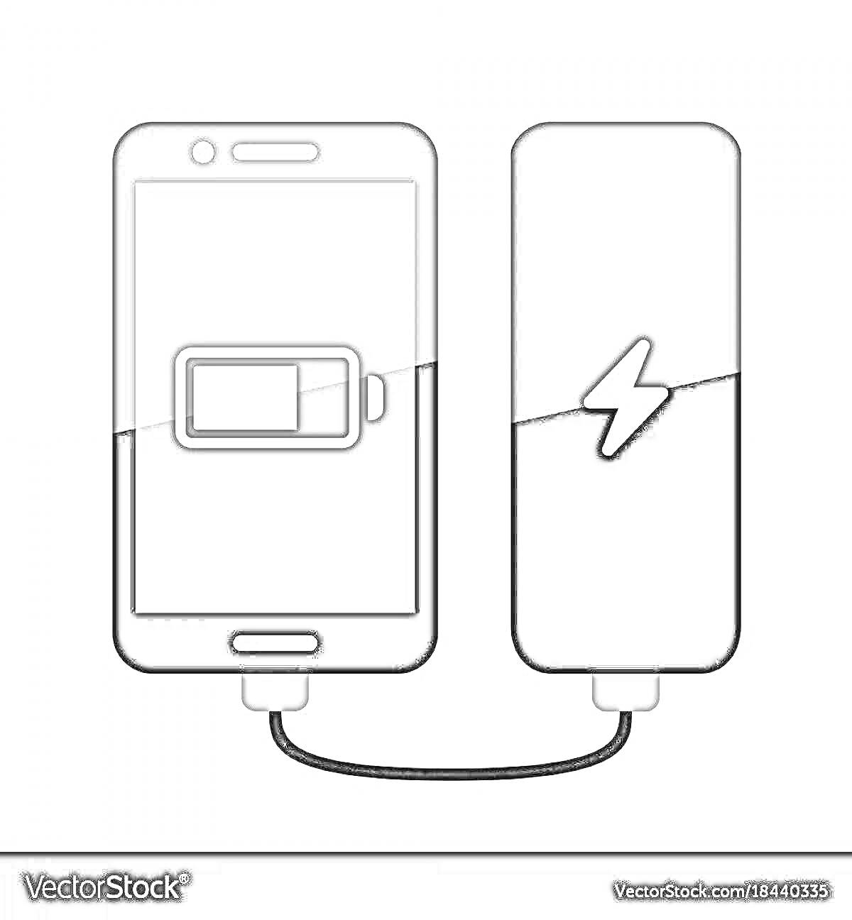 Раскраска мобильный телефон с изображением батареи и подключенный к зарядному устройству с иконкой молнии при помощи кабеля