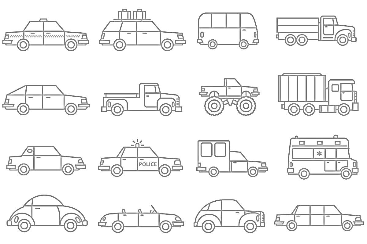 Раскраска Коллекция маленьких машинок, включающая такси, пикапы, полицейскую машину, фургон, спортивный автомобиль, грузовик и машину с багажом на крыше