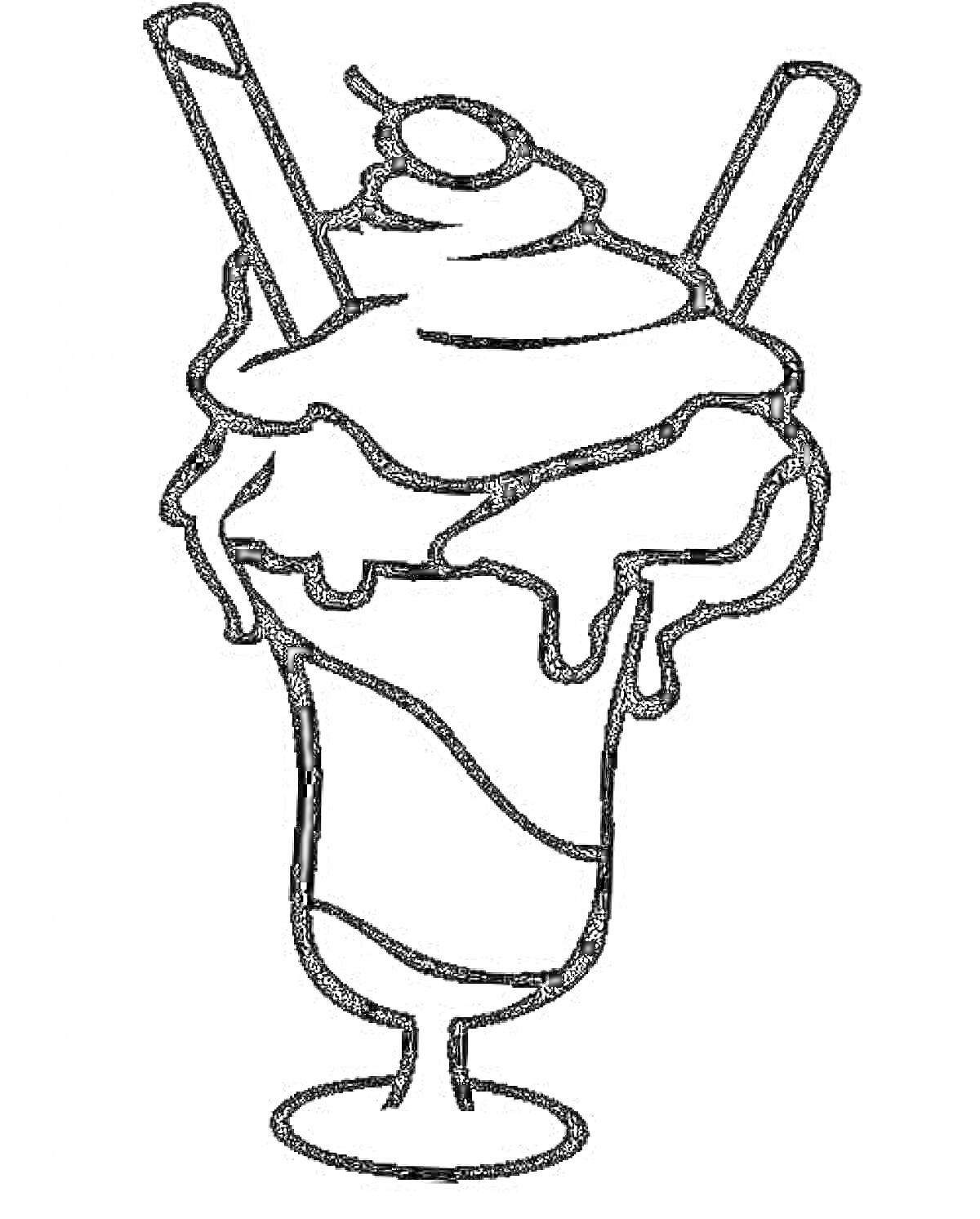 Коктейль в высоком стакане с двумя соломинками, взбитыми сливками и вишенкой