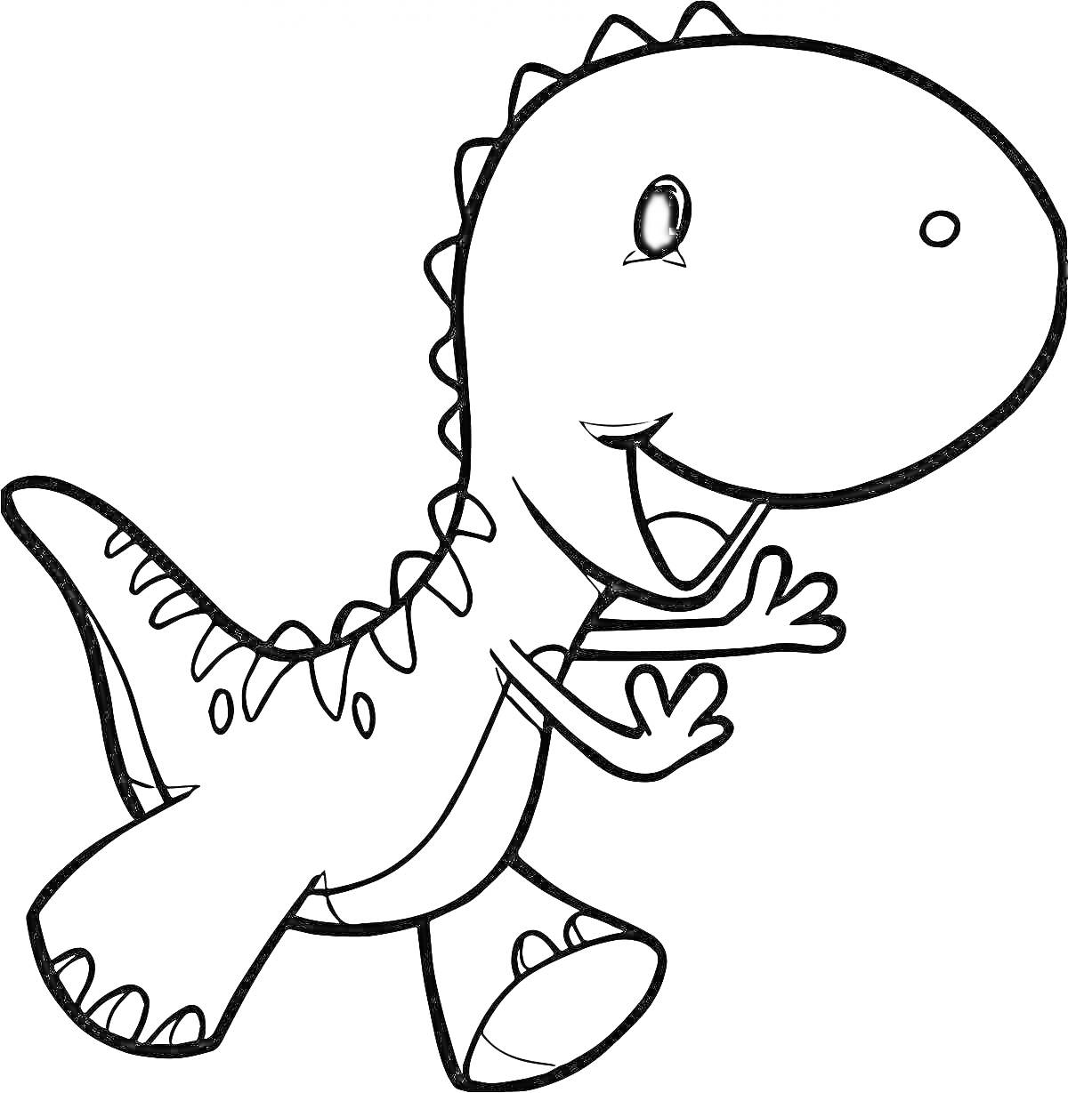 Раскраска Динозаврик с улыбающимся лицом, стоящий на задних лапах