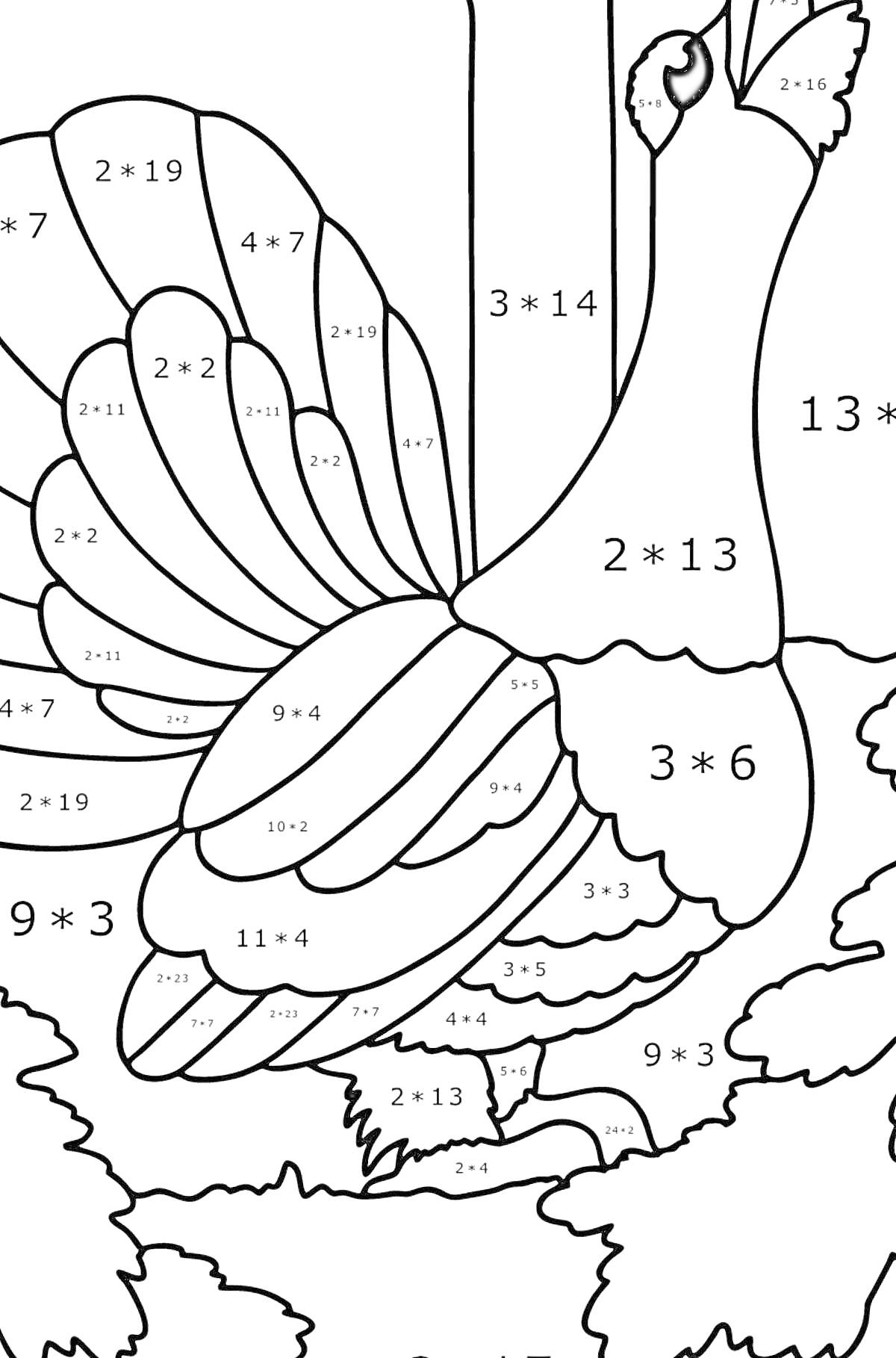 Раскраска раскраска по номерам, глухарь, примеры математических операций на хвосте и теле птицы, кусты