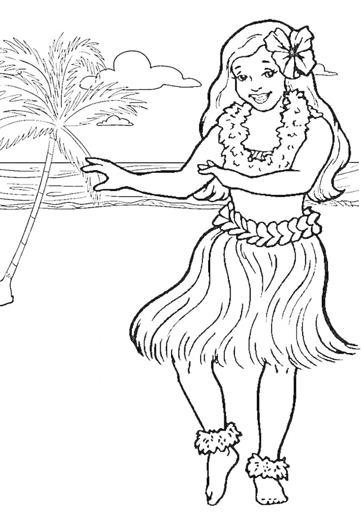 Раскраска Танцующая девушка в традиционном гавайском костюме на берегу моря с пальмой на заднем фоне.