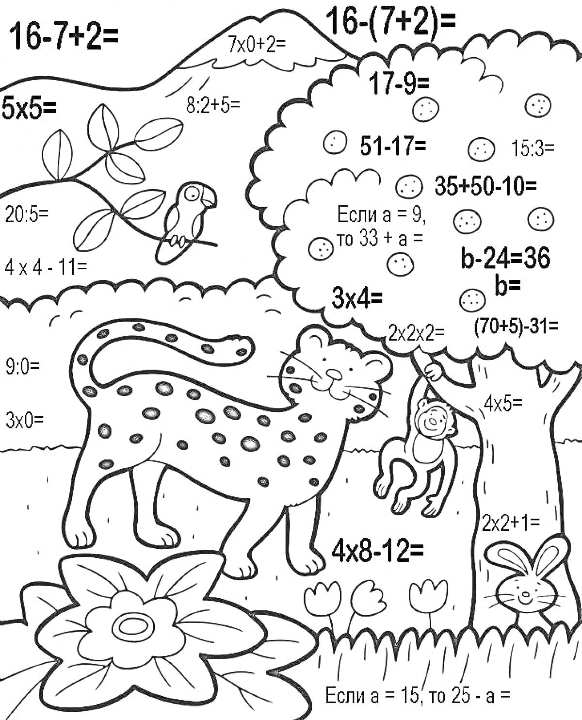 На раскраске изображено: Математика, Леопард, Кролик, Примеры, Уравнения, Обучение, Природа, Цветы, Деревья, Животные, Задания, Обезьяны