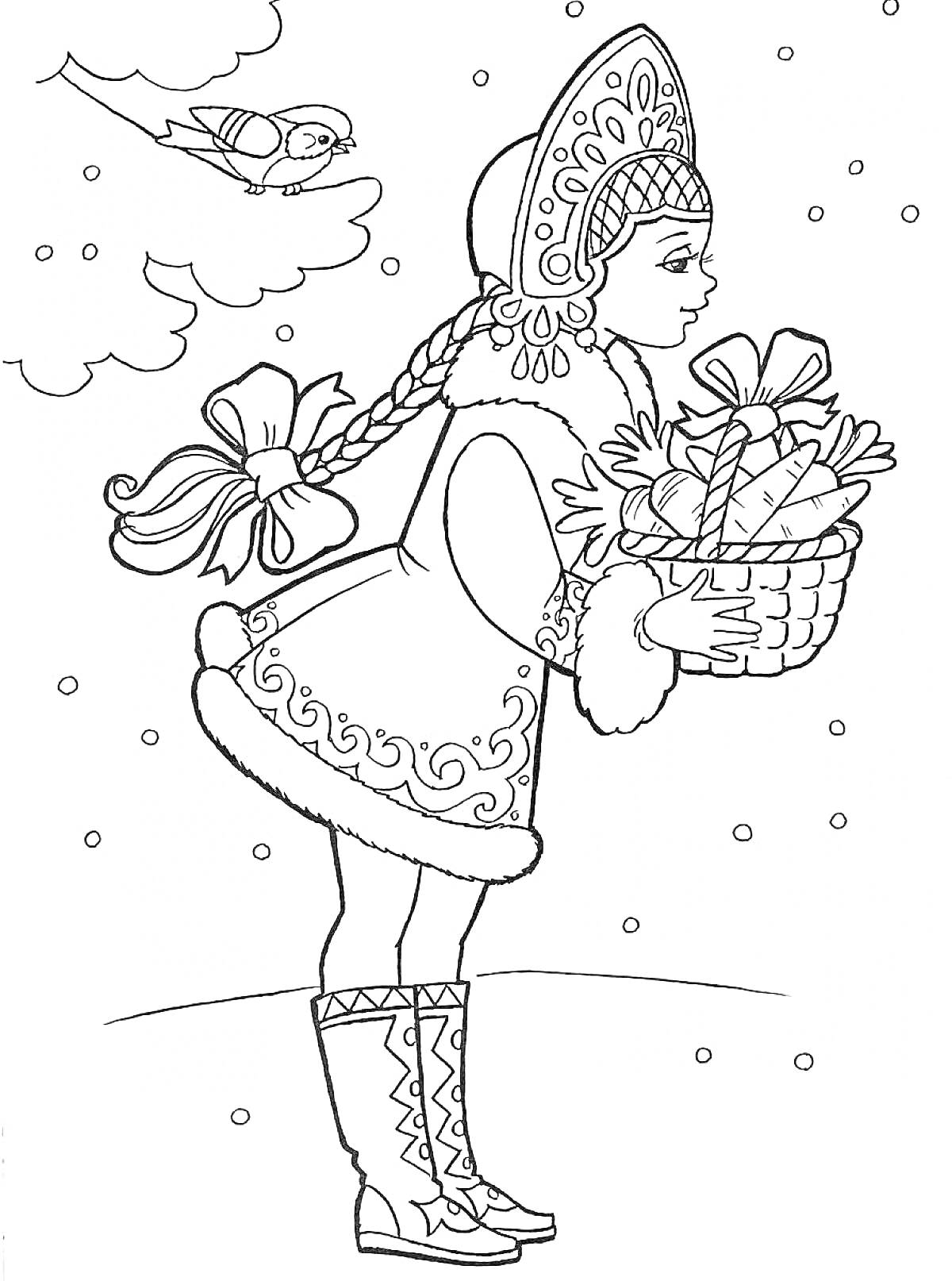 Снегурочка в зимней одежде с корзиной подарков, снегири на ветке, падающий снег