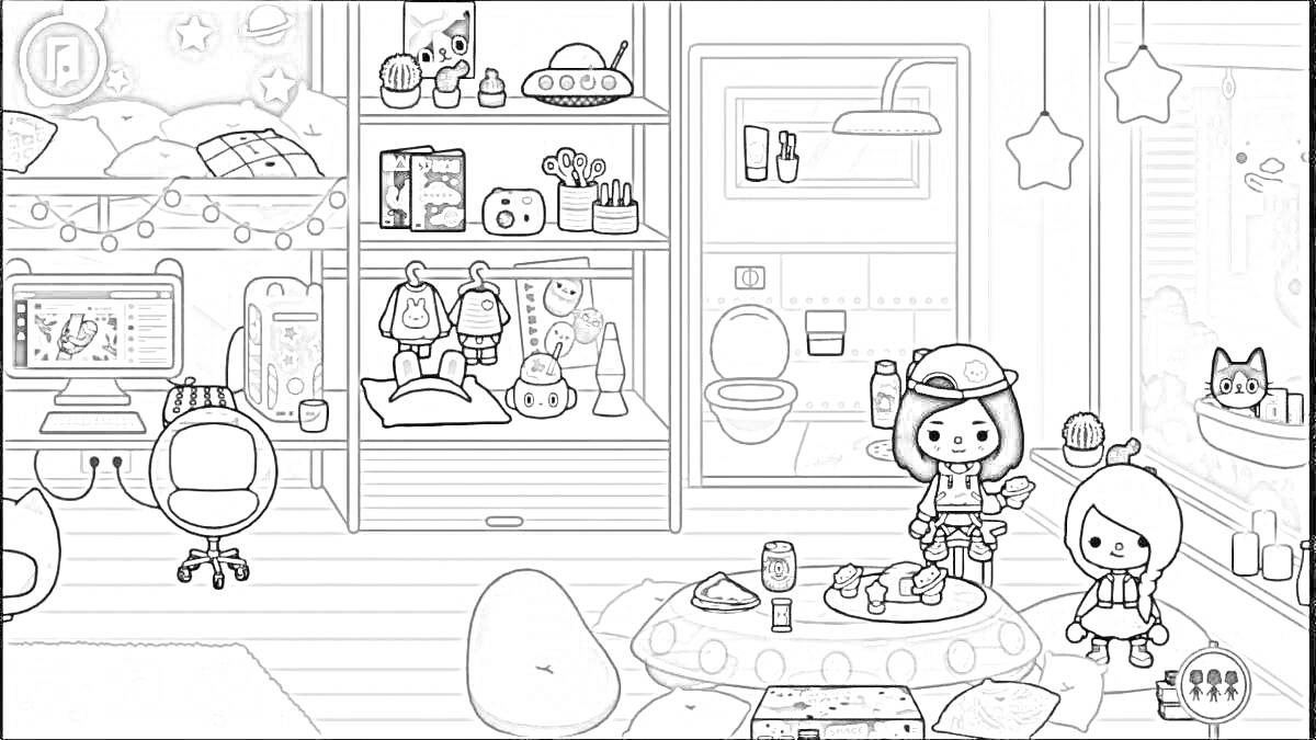 Раскраска Комната с двумя персонажами, мебелью, игрушками и ванной