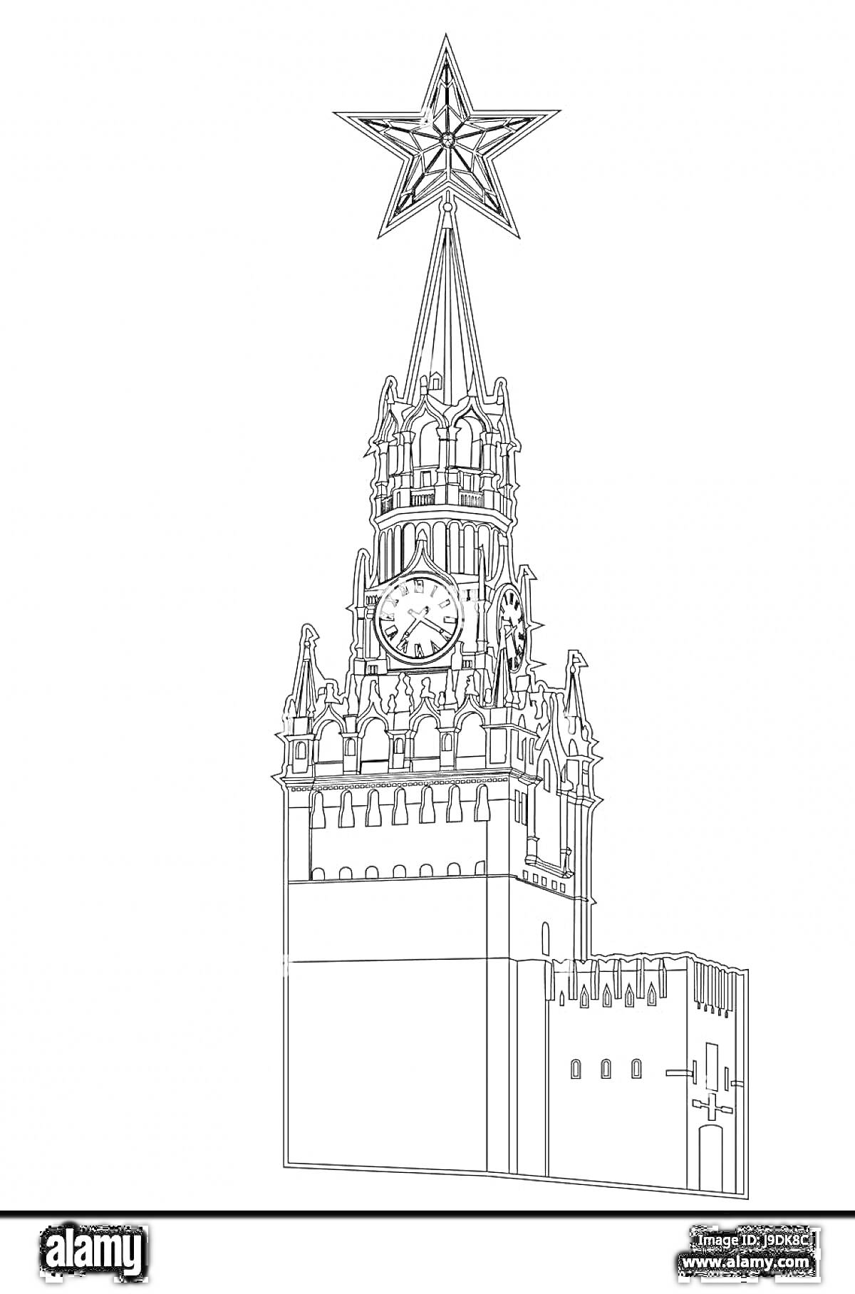 Раскраска Спасская башня Кремля с курантами и пятиконечной звездой на вершине