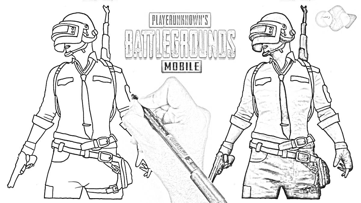 Рисунок и раскрашивание персонажа из PUBG Mobile, персонаж в каске с оружием, процесс рисования рукой