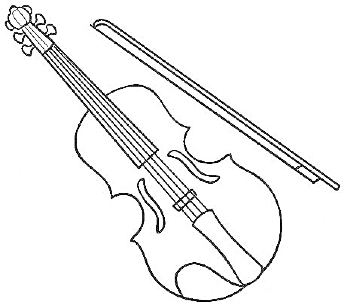 На раскраске изображено: Скрипка, Смычок, Музыкальный инструмент, Струнный инструмент, Музыка, Для детей, Контурные рисунки