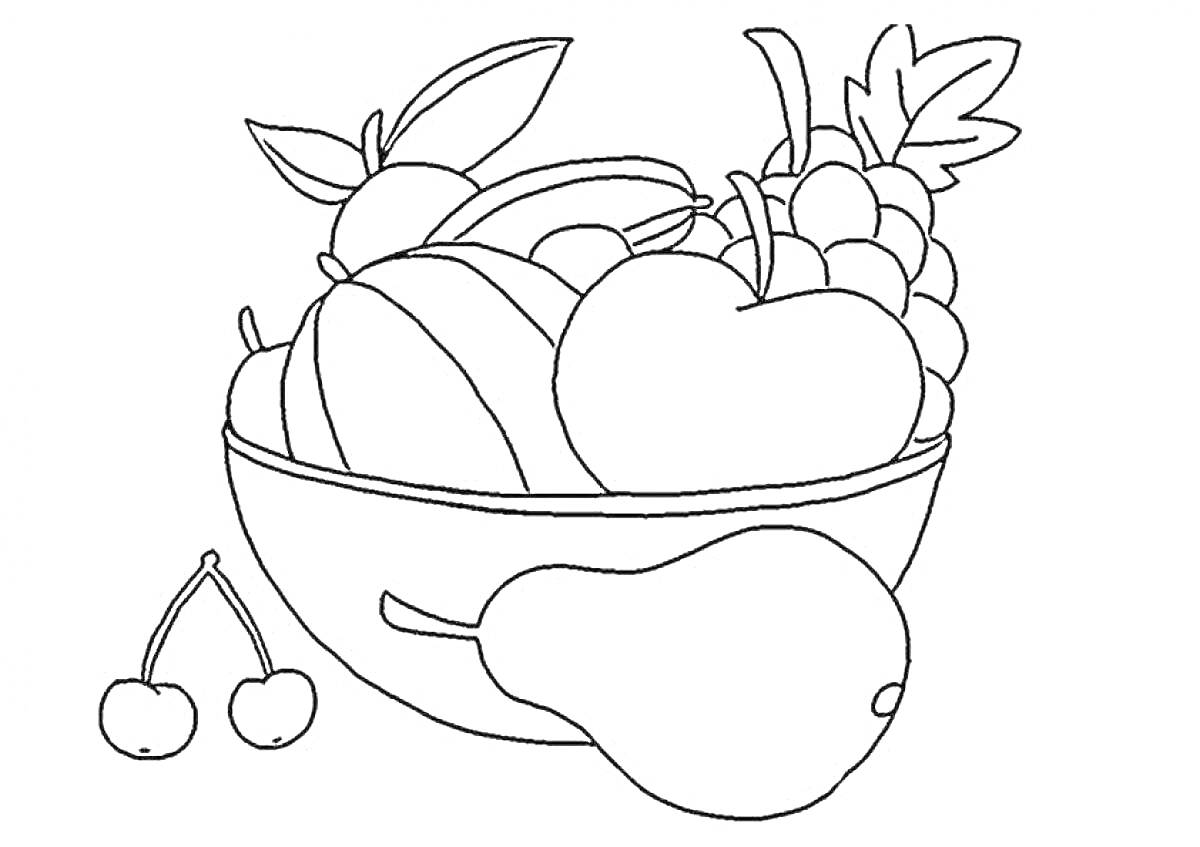 Раскраска Тарелка с фруктами (груша, яблоко, виноград, персик, вишня)