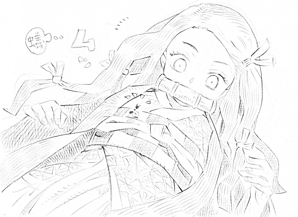 Раскраска Девушка с длинными волосами и лентами, бамбуковая палочка во рту, традиционное японское кимоно с узорами, выражение удивления на лице