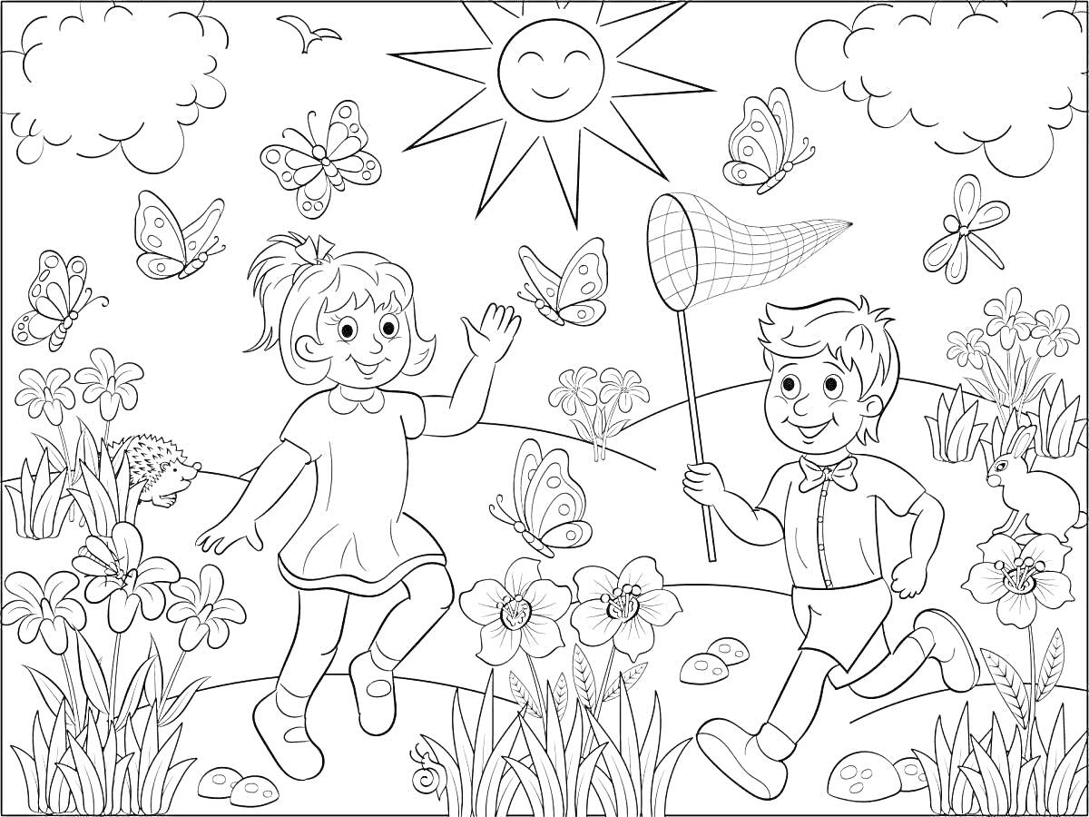 Раскраска Дети на лугу с бабочками, цветами и солнцем
