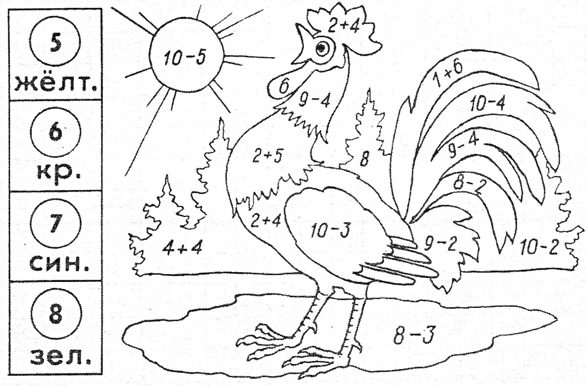 На раскраске изображено: Разукрашка, Петух, Деревья, Солнце, Математика, Примеры, Цифры