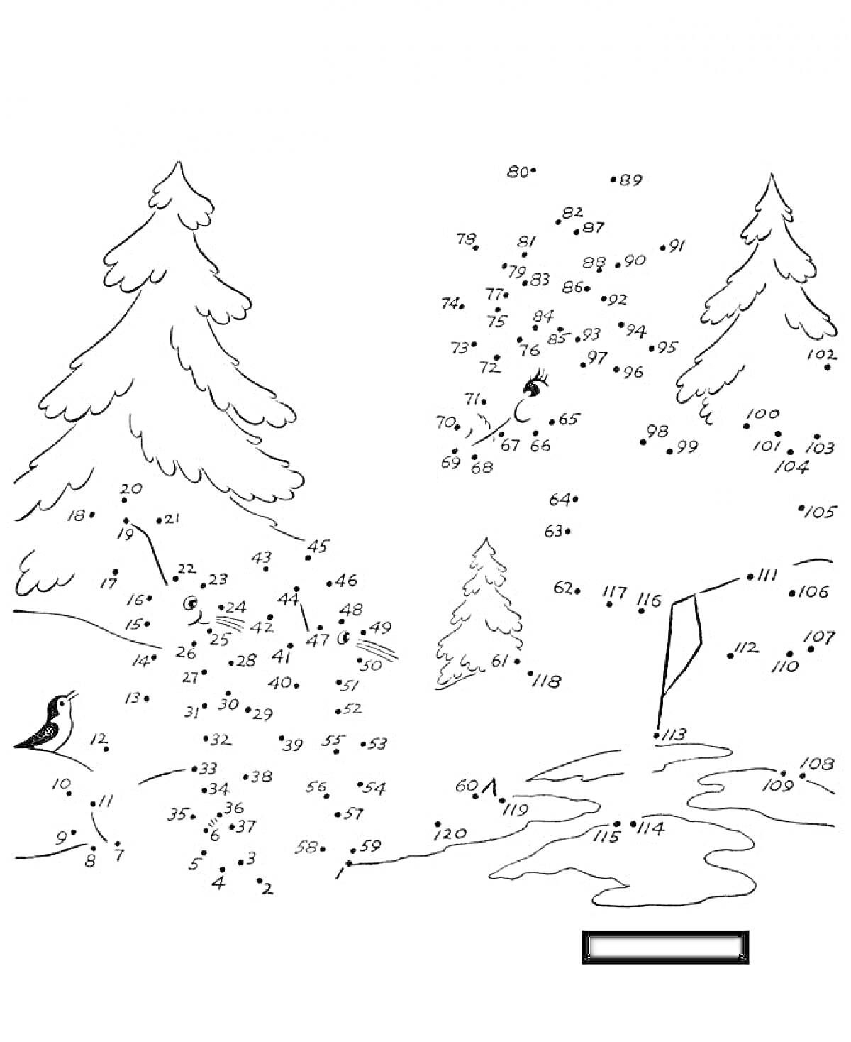 На раскраске изображено: Зимний лес, Птица, Река