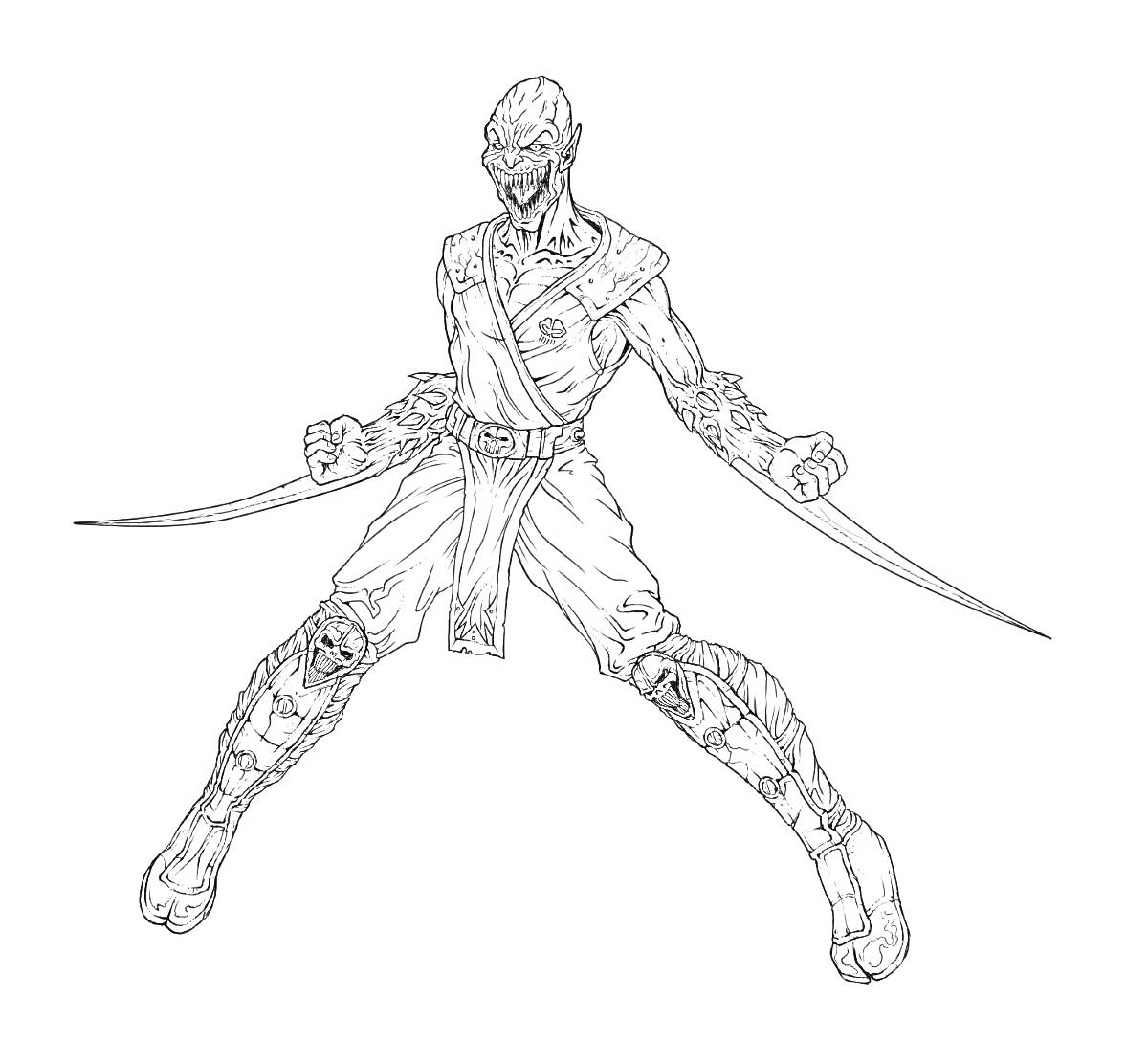 Раскраска Воин из Мортал Комбат с двумя кинжалами, в рваной одежде и маске, с оголённым торсом и боевыми наплечниками