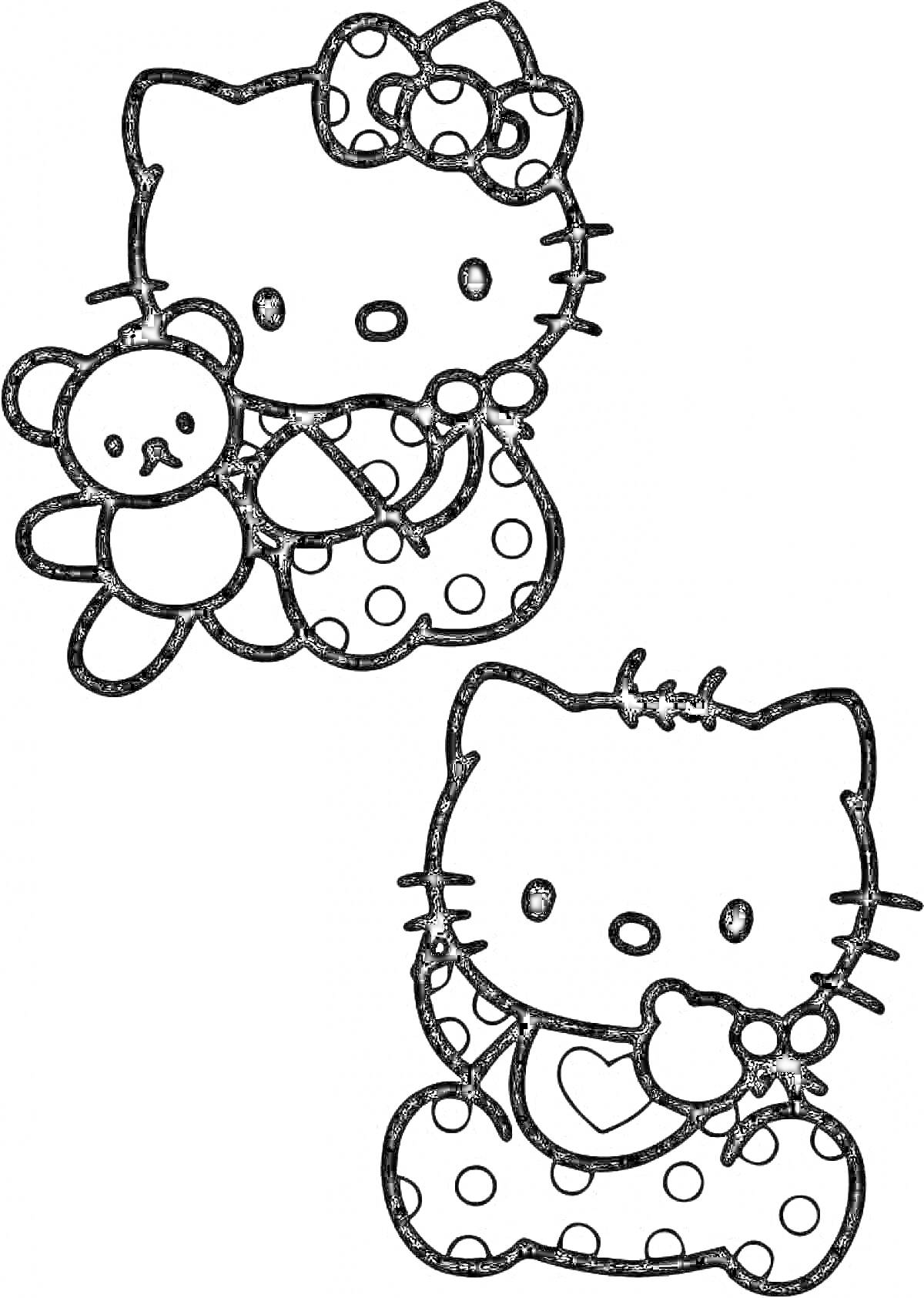 Раскраска Хеллоу Китти с бантом и игрушечным медведем, сидящая Хеллоу Китти с сердцем