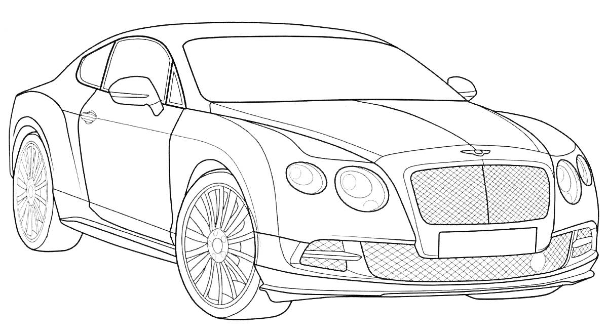 автомобиль Bentley, с деталями корпуса, фарами, колесами, решеткой радиатора и логотипом Bentley.