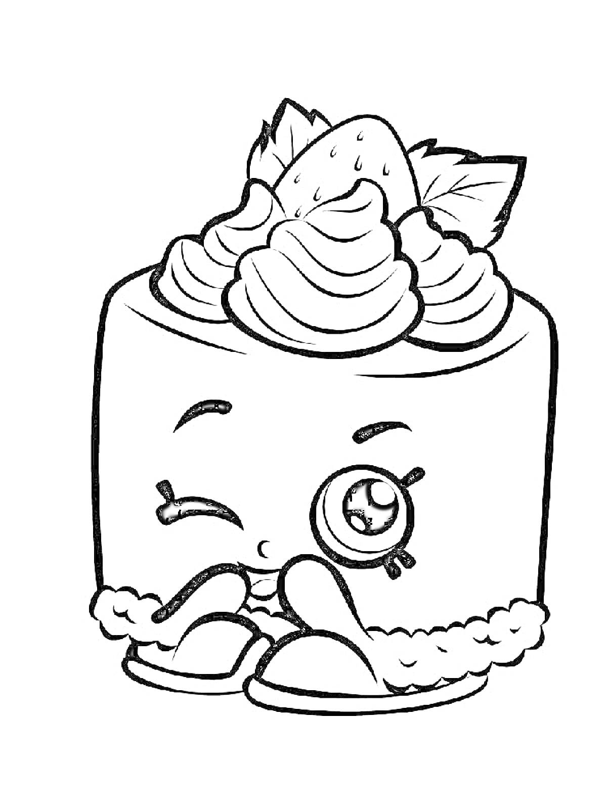 Раскраска Кавайный пирожное с клубникой, глазами и щечками