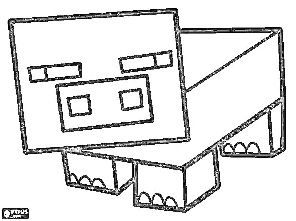 Раскраска Пиксельная свинка из Майнкрафт в стиле раскраски, стоящая на четырех ногах, с квадратной головой и телом.
