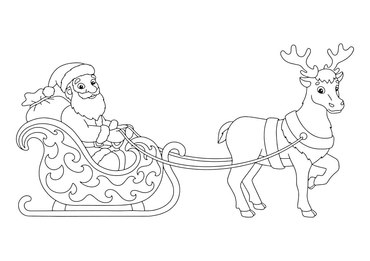 На раскраске изображено: Дед Мороз, Сани, Олень, Зима, Подарки