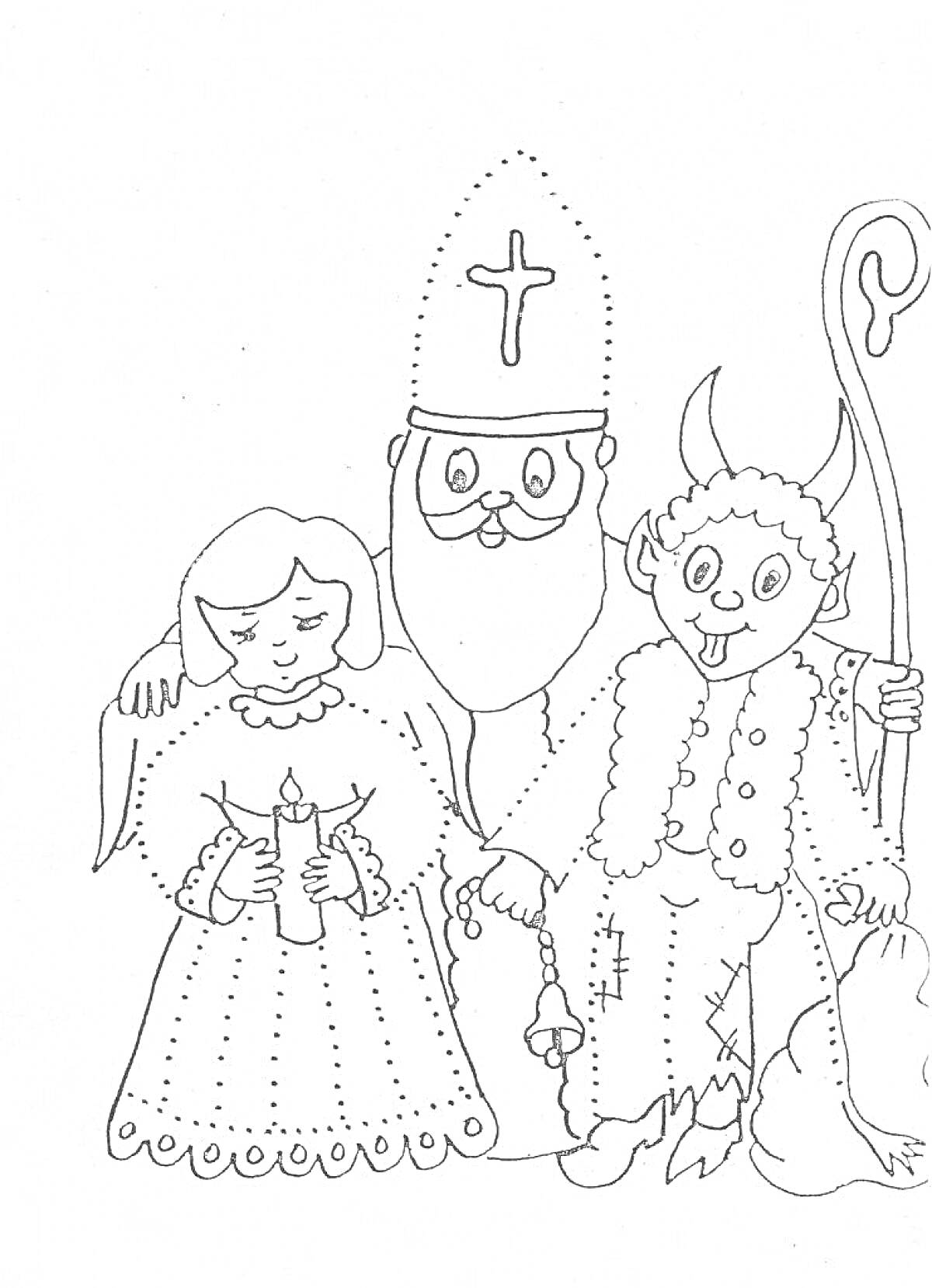 Раскраска Девочка с свечой, святой Николай с митрой и крестом, черт с рогами и посохом