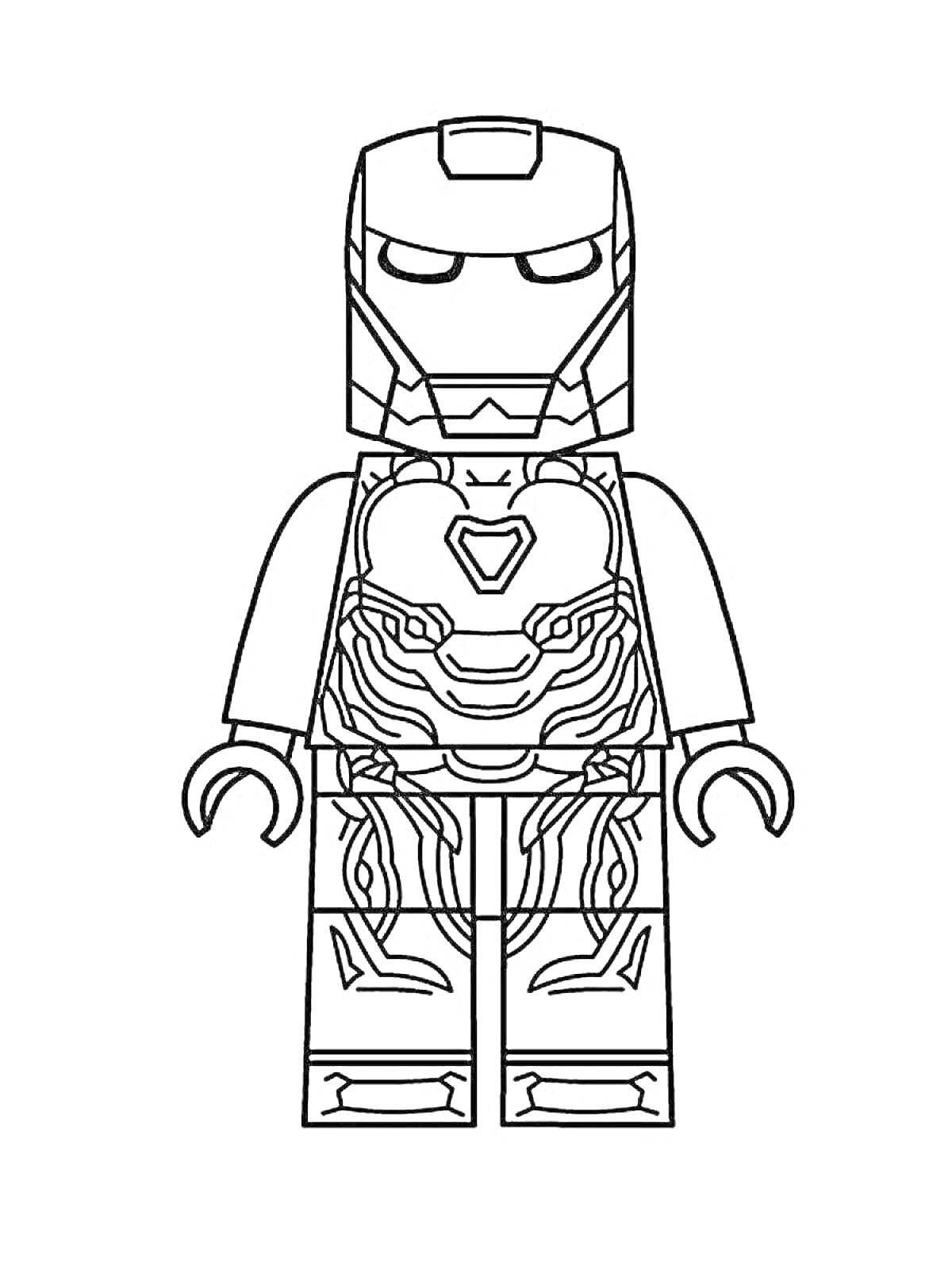 На раскраске изображено: Лего, Железный Человек, Бронированный костюм, Детали, Робот