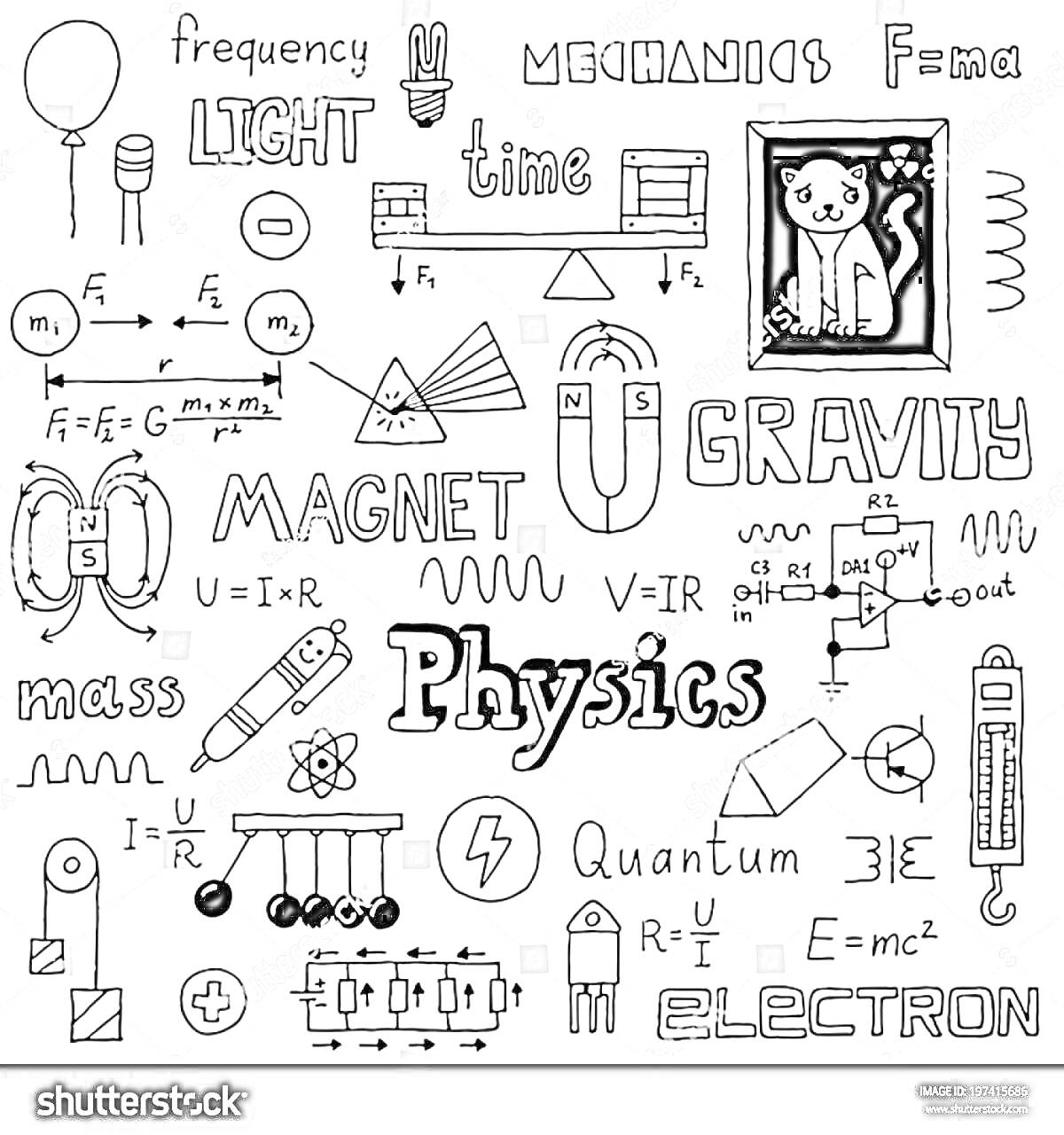 Физика: формулы, кот, разъем, напряжение, магнетизм, шестерёнка, квантовая физика, закон Ома, энергия, механизм, гравитация, масса, свет, время, частота, электрон