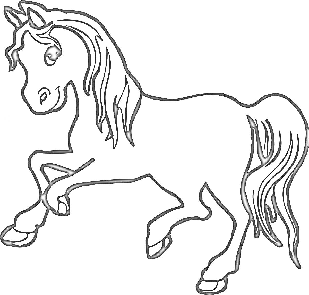 Раскраска Лошадь с длинной гривой и поднятой передней ногой