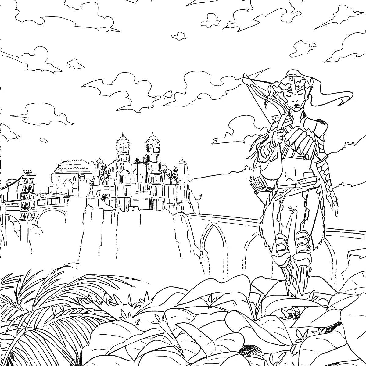 На раскраске изображено: Horizon Zero Dawn, Девушка-воин, Замок, Утёс, Мост, Облака, Растительность, Фантастика