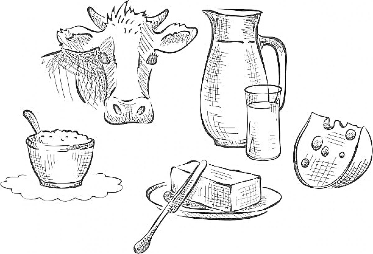 Голова коровы, кувшин с молоком, стакан с молоком, кусок сыра, кусочек масла на тарелке с ножом, миска с творогом и ложкой