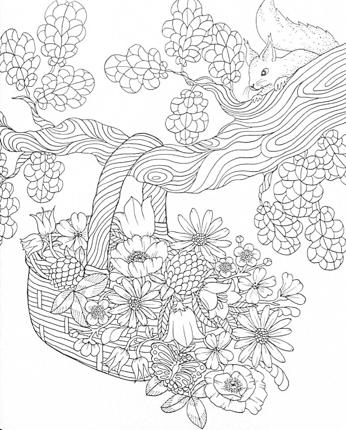 На раскраске изображено: Корзина, Цветы, Ветка, Белка, Природа, Расслабление, Спокойствие, Деревья