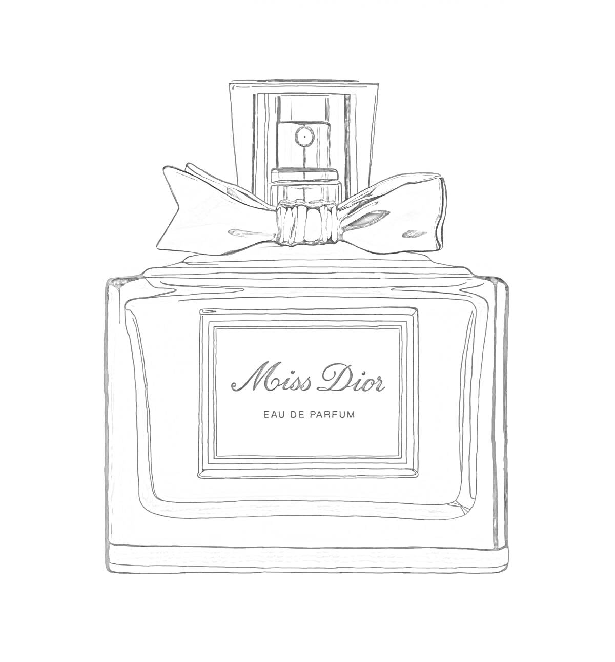 Раскраска флакон духов Miss Dior с бантом, надпись Eau de Parfum