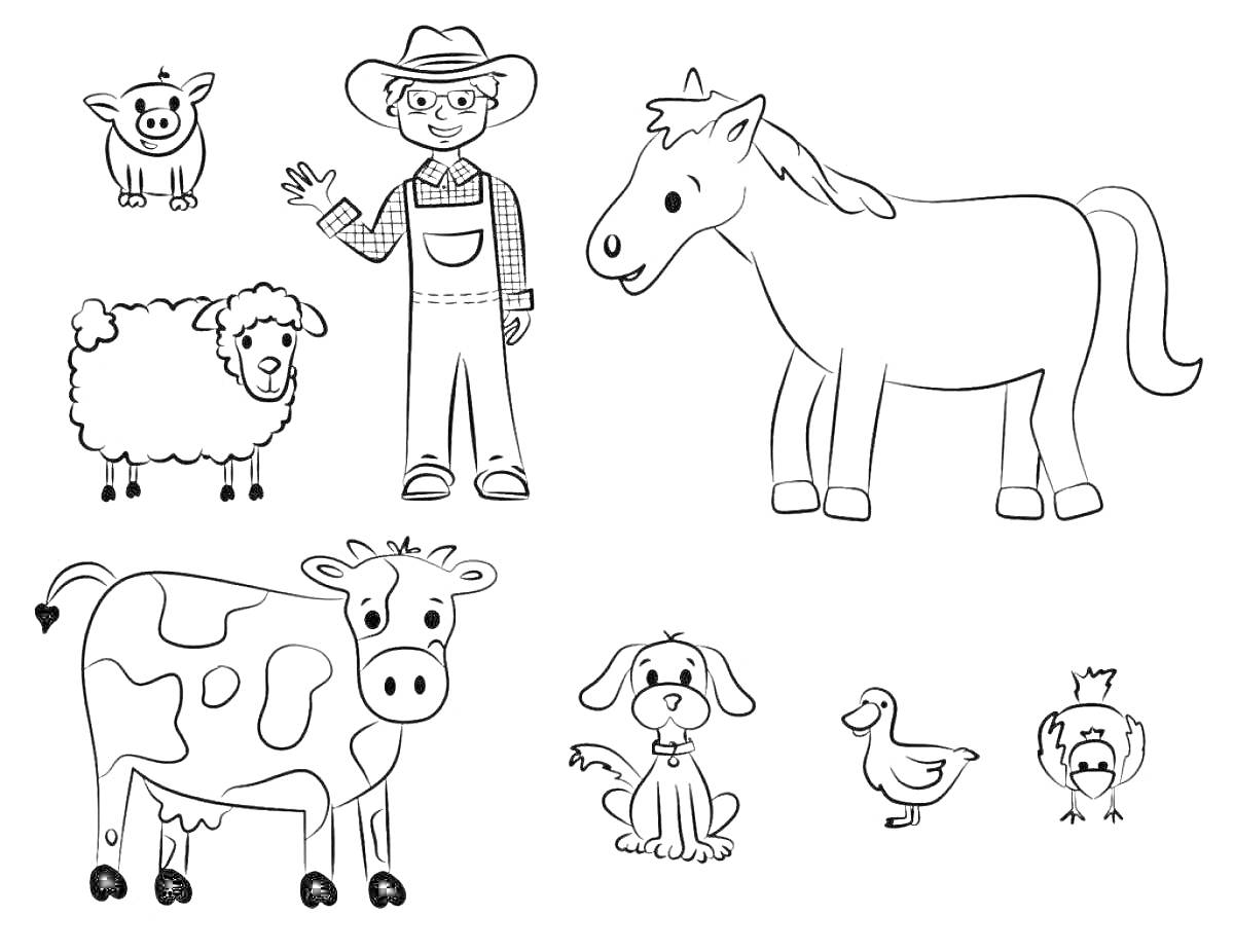 На раскраске изображено: Фермер, Корова, Лошадь, Собака, Утка, Индюк, Домашние животные, Для детей, Овечки, Свиньи