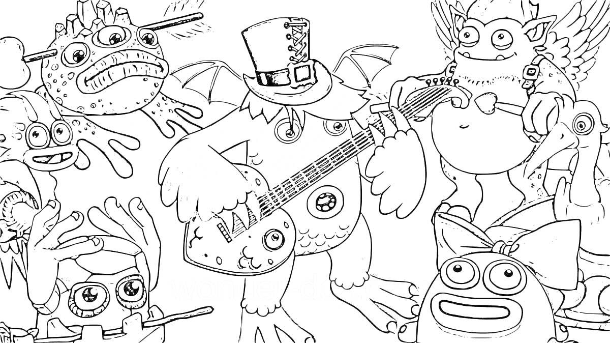 На раскраске изображено: Гитара, Музыка, Пение, Очки, Крылья, Веселье, Для детей, Монстр, Шляпа