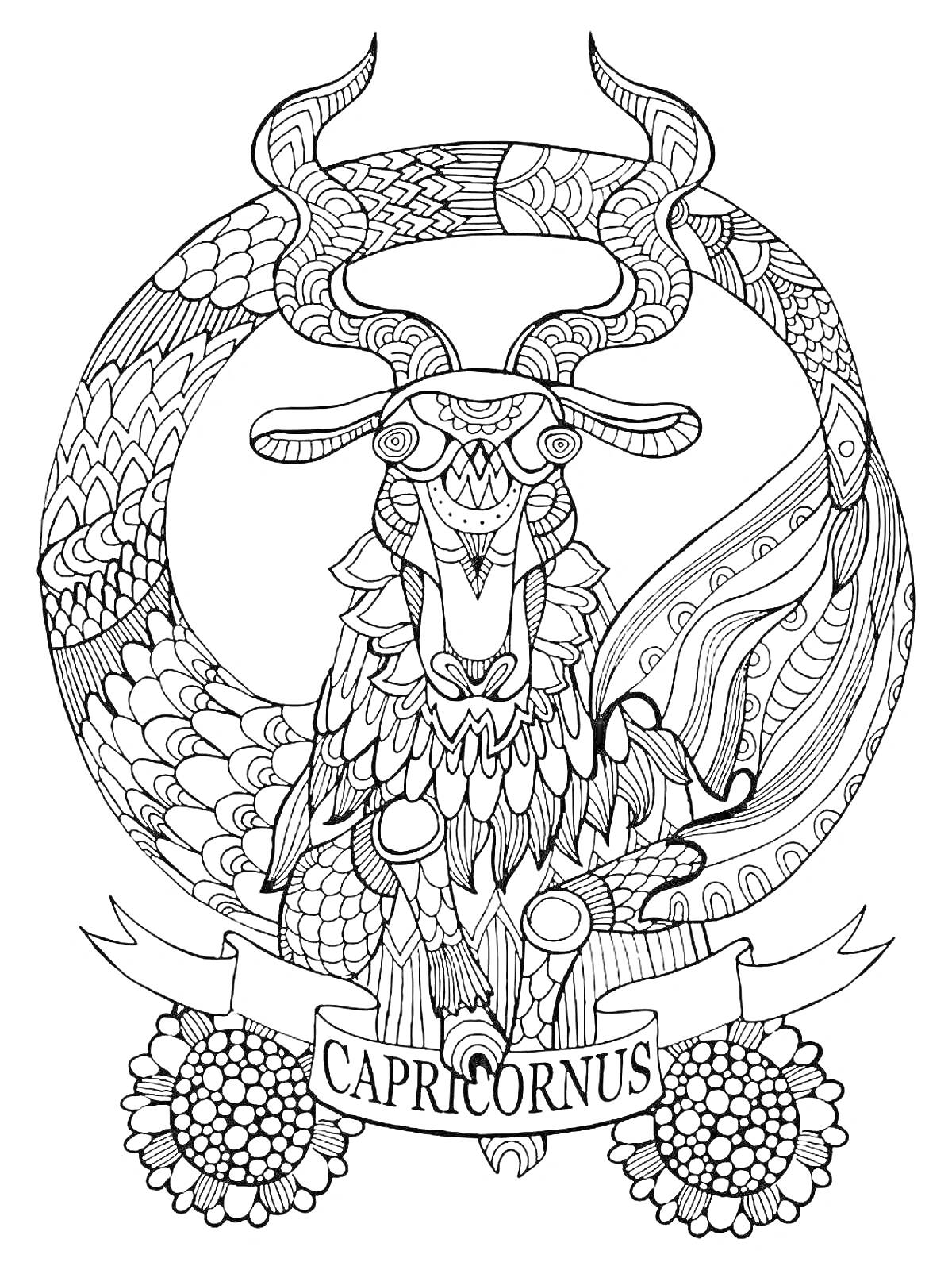 Раскраска Раскраска с изображением знака зодиака Козерог с завитками, рогами, баннером с надписью 