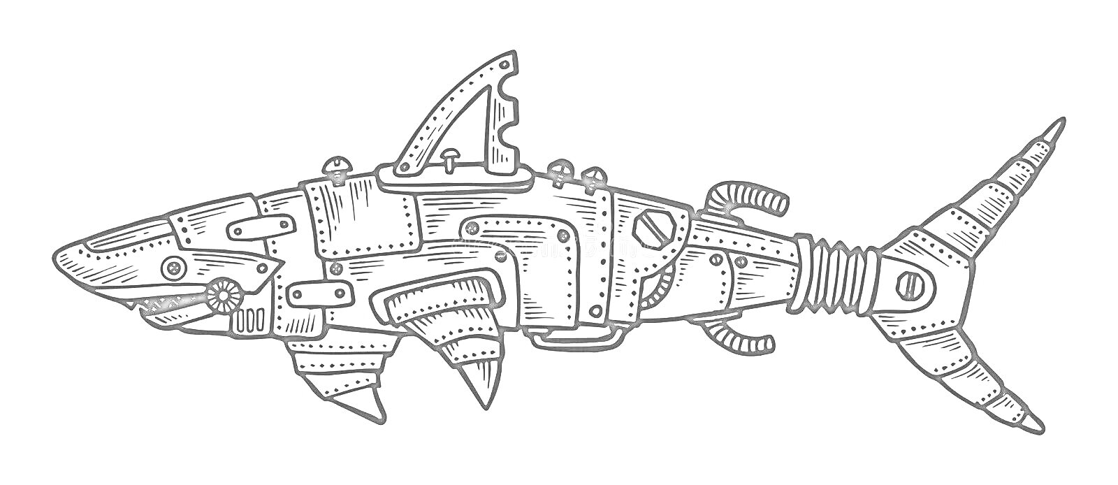 Раскраска Роботизированная акула с плавниками, хвостом, шестеренками и болтами