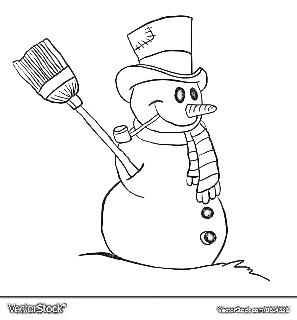 На раскраске изображено: Метла, Шляпа, Шарф, Морковный нос, Трубка, Зима, Снежная фигура
