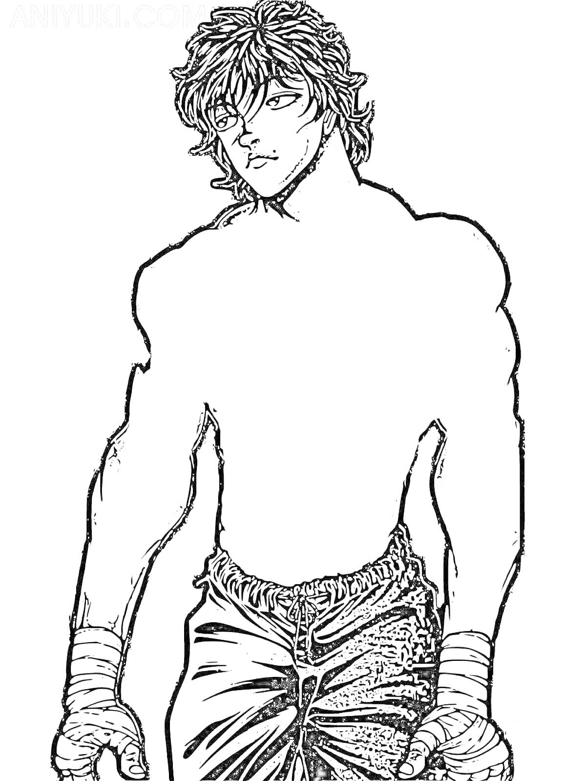 Раскраска Молодой человек с перчатками для бокса на руках и короткими брюками