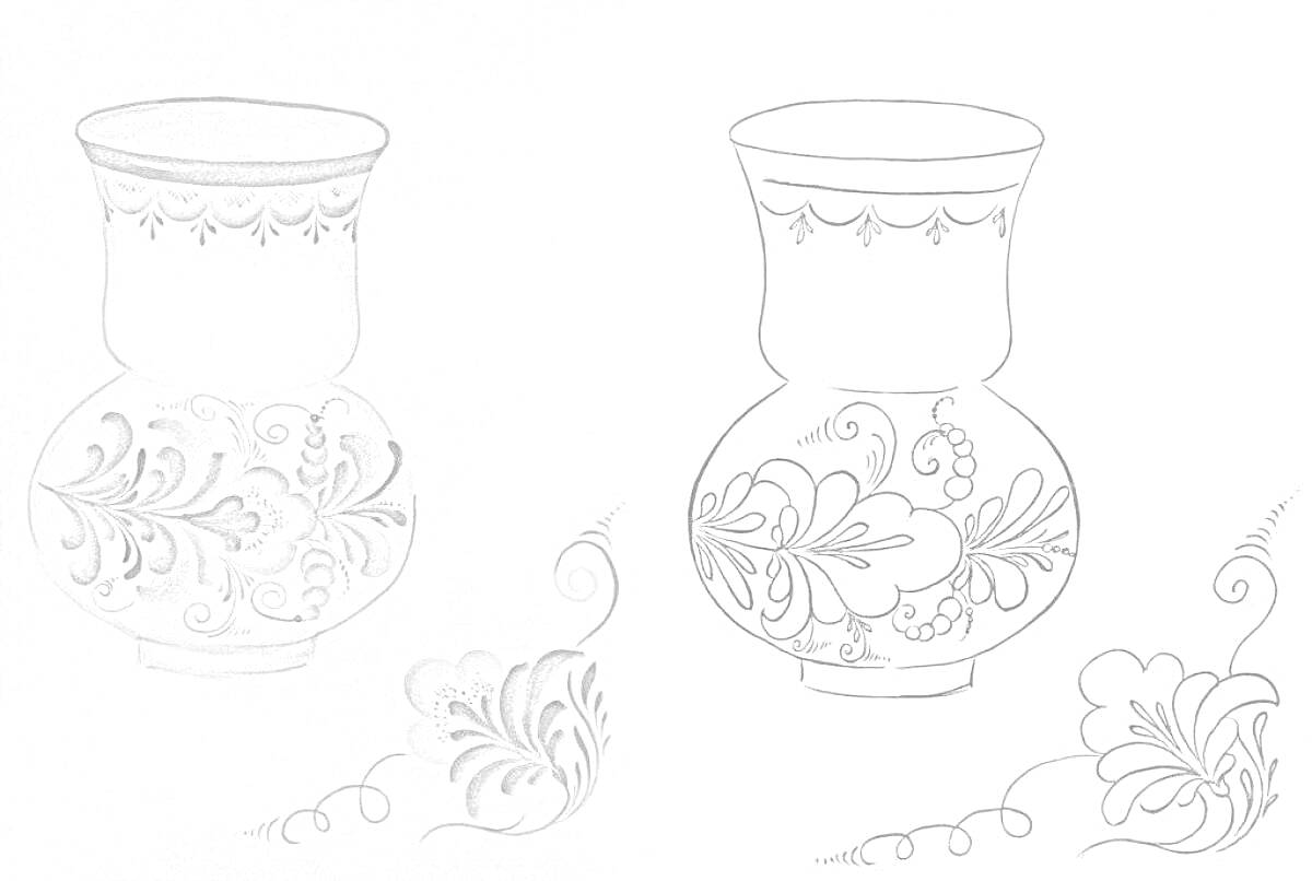 Раскраска Раскраска с гжельским узором с вазами и цветами