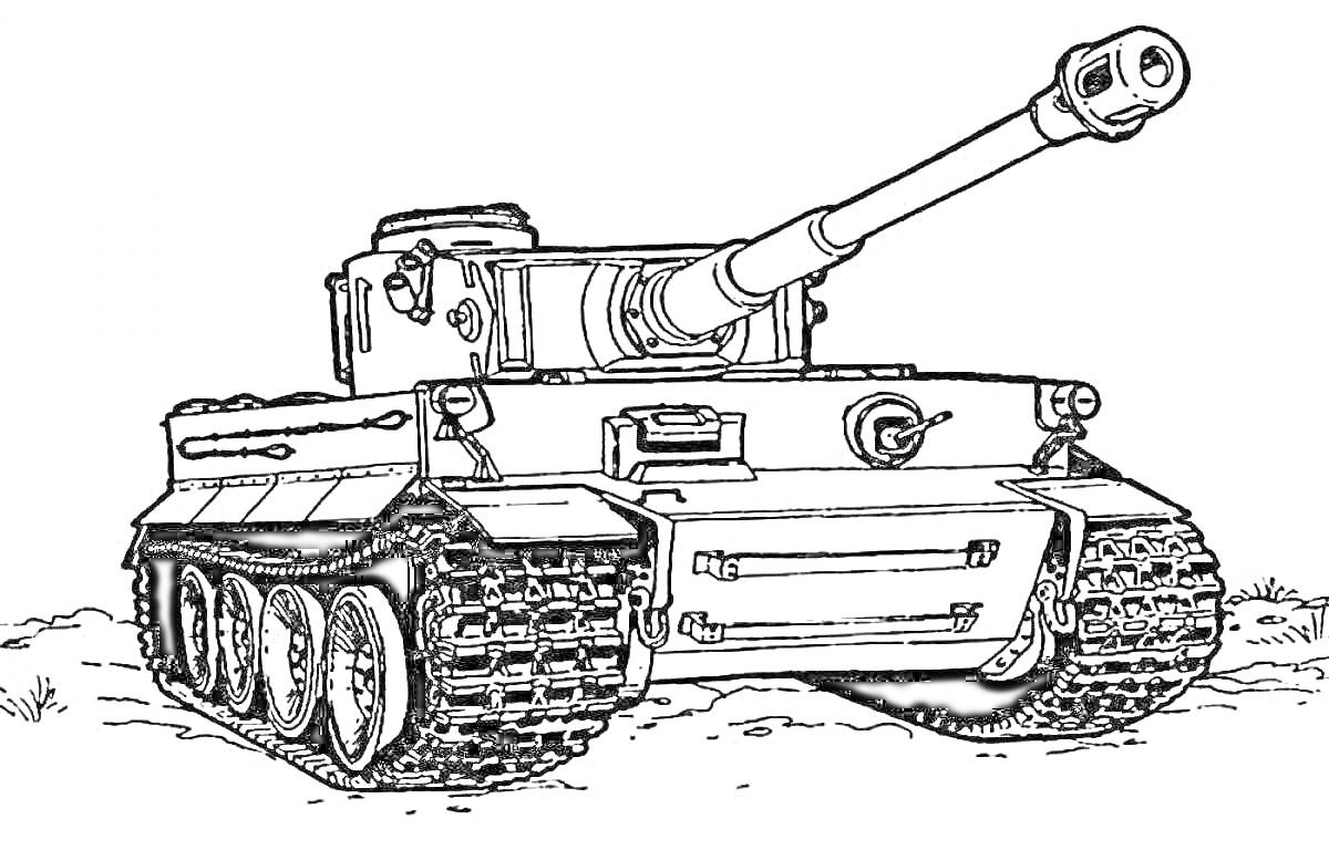 Раскраска Танковый рисунок с четко прорисованными деталями, включая гусеницы, башню, ствол пушки и элементы брони