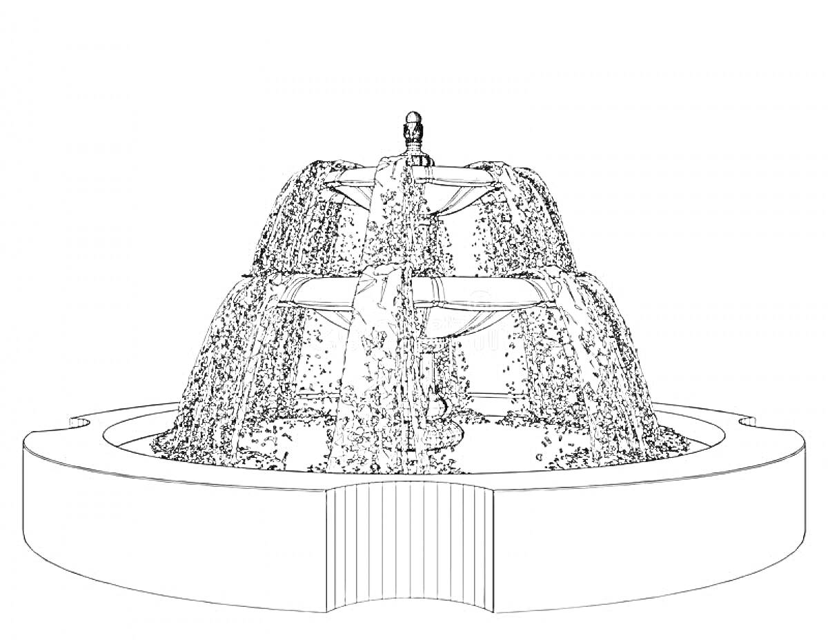 Раскраска каскадный фонтан с фигурой наверху, струями воды и круглым основанием