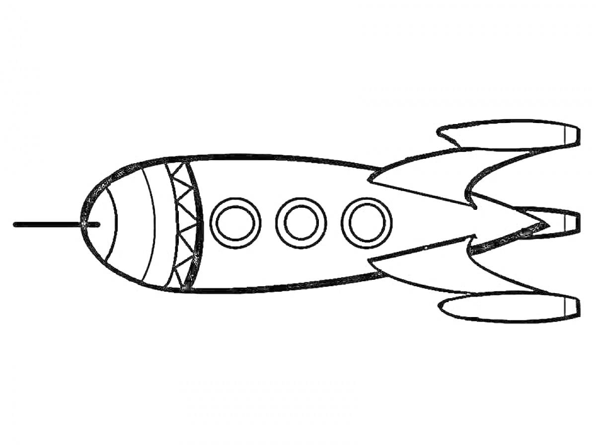 Раскраска Ракета с тремя иллюминаторами и узором на носу, с реактивными хвостами