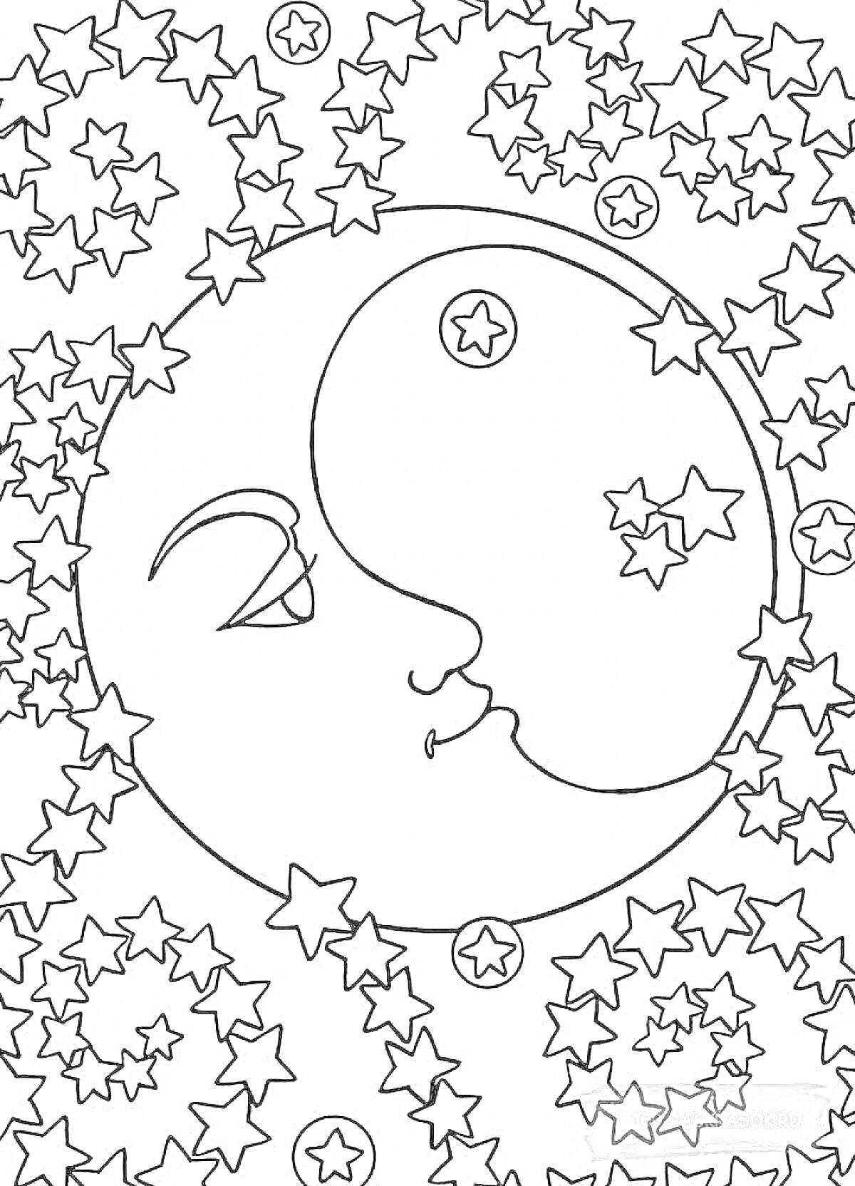 Раскраска Луна с лицом и звёзды вокруг на ночном небе