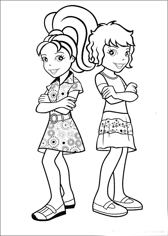 Раскраска Полли и её подруга с причёсками и в платьях с узорами