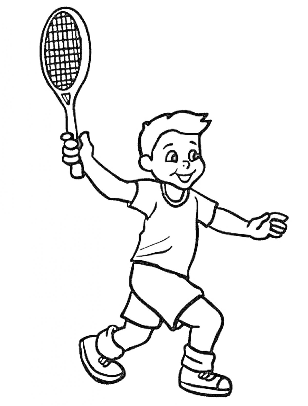 Раскраска Мальчик, играющий в теннис с ракеткой